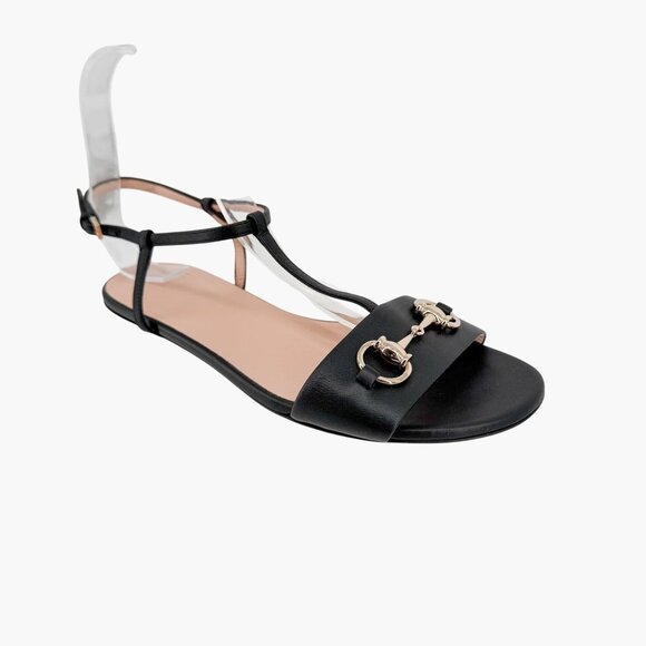 Gucci T-Strap Black Leather Horsebit Flat Sandals Shoes Size 37 US 7 Women's - Picture 8 of 13